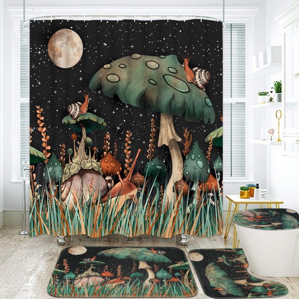 Ikfashoni Mushroom Shower Curtain and Bath Rug Sets, Fantasy Mushroom Bathroom Sets for Kids