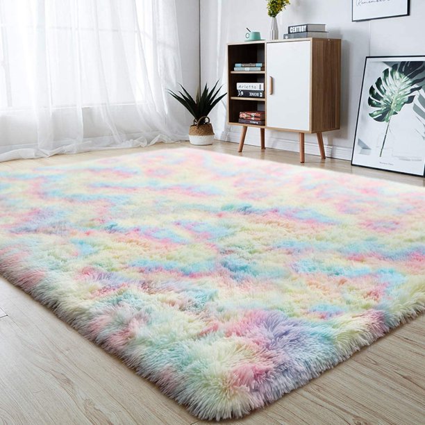 Soft Rainbow Area Rugs for Girls Room, Fluffy Colorful Rugs Cute Floor Carpets Shaggy Playing Mat for Kids