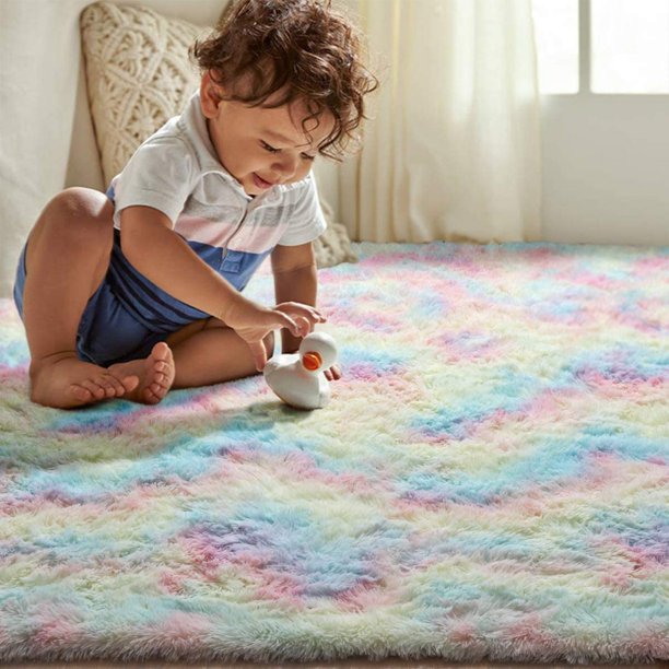 Soft Rainbow Area Rugs for Girls Room, Fluffy Colorful Rugs Cute Floor Carpets Shaggy Playing Mat for Kids