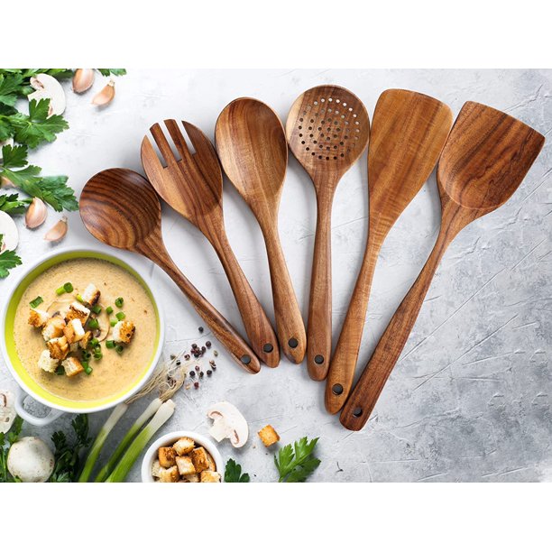 Zulay Kitchen (6 Pc Set) Teak Wooden Cooking Spoon Sets in Smooth Finish