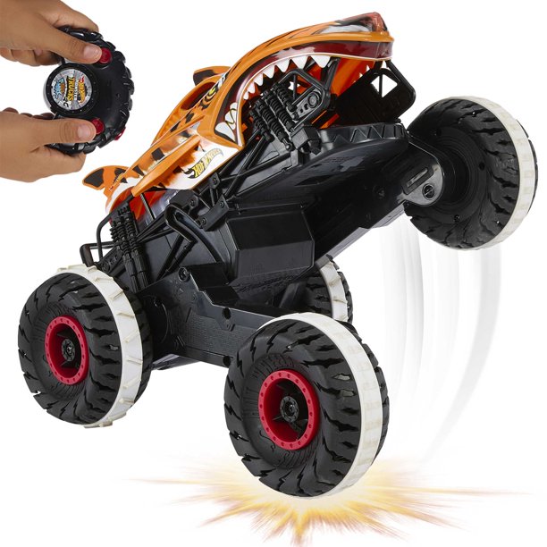 Hot Wheels Monster Trucks, Remote Control Car, 1:15 Scale Tiger Shark RC with All-Terrain Wheels