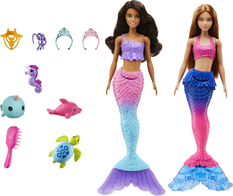 Barbie Mermaid Set with 2 Brunette Dolls (12-in/30.40-cm), 4 Sea Pet Toys & Accessories