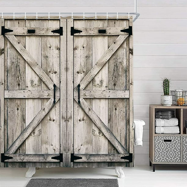 Rustic Wooden Vintage Wood Shower Curtain, Farmhouse Wooden Shower Curtain Country Barn Door