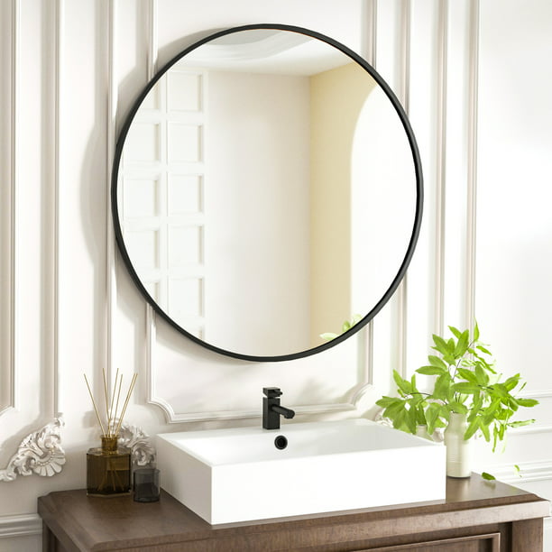 BEAUTYPEAK 24" Wall Mirror Bathroom Mirror Wall Mounted Round Mirror, Black