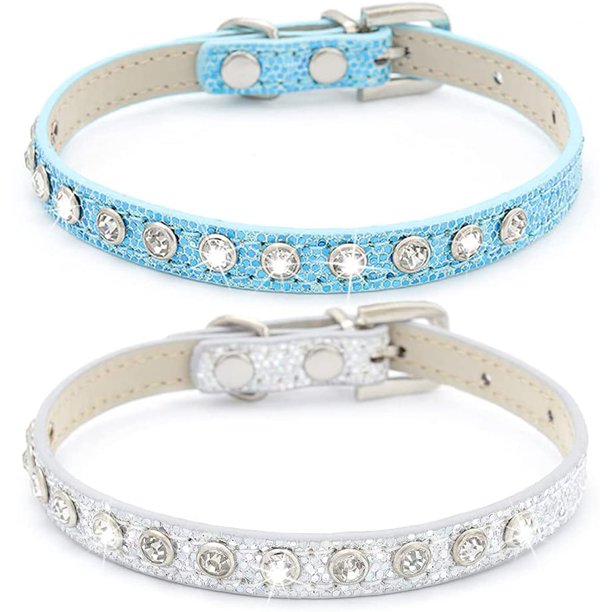 Safety Cat Collars Silver Leather Rhinestone Kitten Collar Adjustable Bling Classy Pet Collars for Cats Puppy Rabbits and Small Dogs