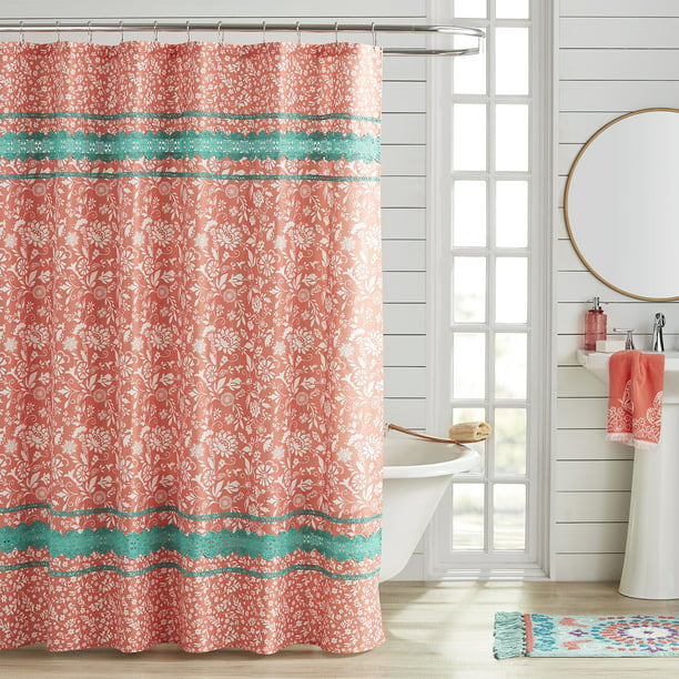 The Pioneer Woman Orange Floral Cotton Polyester Shower Curtain, 72 in x 72 in