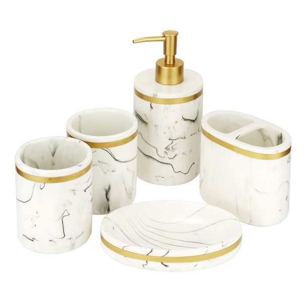 5 Pcs Bathroom Accessory Set, Resin Marble Bath Accessories Sets with Soap Dispenser, Toothbrush Holder, Bathroom Tumbler, Soap Dish for Bathroom Vanity Countertop, Beige