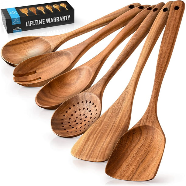 Zulay Kitchen (6 Pc Set) Teak Wooden Cooking Spoon Sets in Smooth Finish