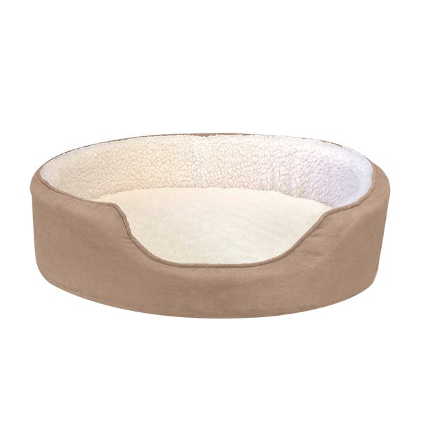 FurHaven | Orthopedic Faux Sheepskin & Suede Oval Pet Bed for Dogs & Cats, Clay, Medium