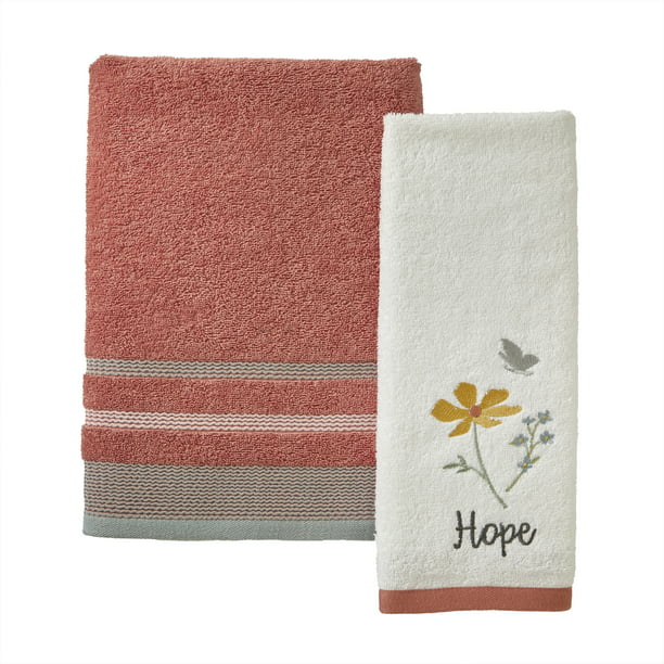 Mainstays 2 Piece Cotton Bath and Hand Towel Set, Inspire, White, Terracotta, Grey