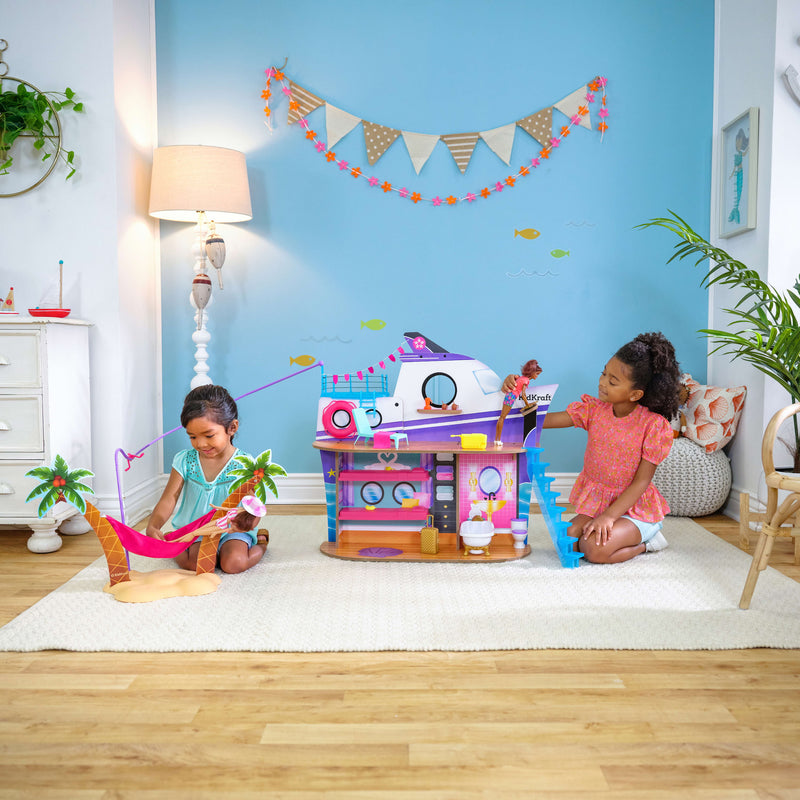 KidKraft Luxe Life 2-in-1 Wooden Cruise Ship & Island Doll Play Set with 18 Accessories