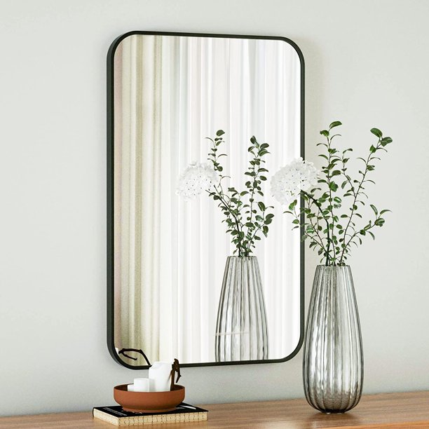 BEAUTYPEAK 20"x28" Wall Mirror Rounded Corners Hanging Vanity Mirror Black