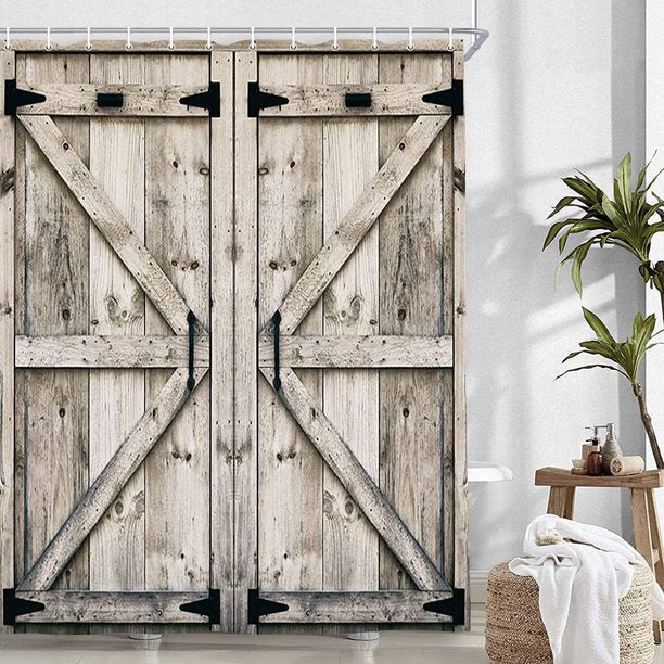Rustic Wooden Vintage Wood Shower Curtain, Farmhouse Wooden Shower Curtain Country Barn Door