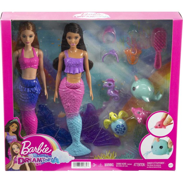 Barbie Mermaid Set with 2 Brunette Dolls (12-in/30.40-cm), 4 Sea Pet Toys & Accessories