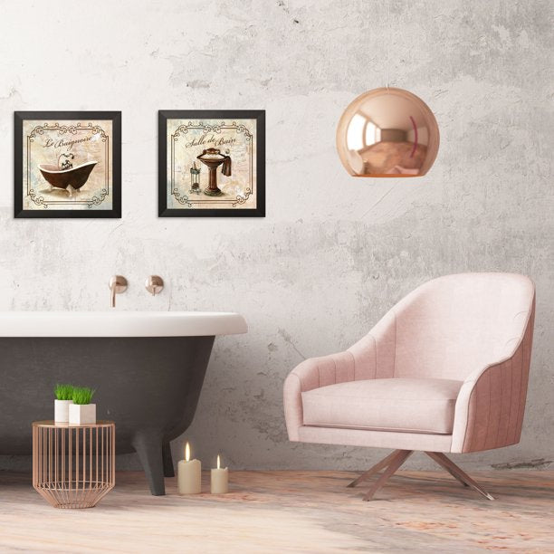 Gango Home Decor Adult Elegant French Bathroom Wall Art; 2-12x12" Black Framed Posters