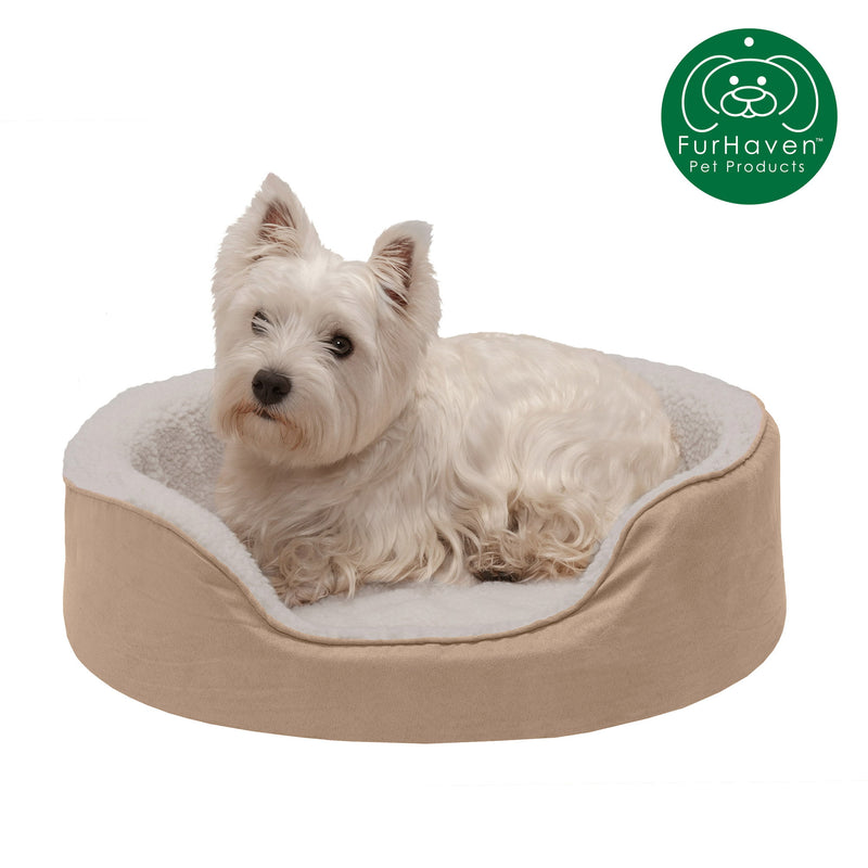 FurHaven | Orthopedic Faux Sheepskin & Suede Oval Pet Bed for Dogs & Cats, Clay, Medium
